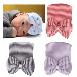 Baby Hospital Hat Knitted Striped Soft Beanie With Large Bow For Newborn Infants Sweet Stretchy Warm Headwear