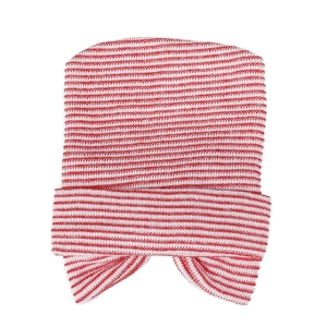 Newborn baby hospital hat with red and white stripes and a large knitted bow detail