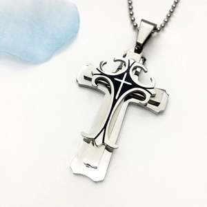 Three-layer titanium steel cross pendant necklace with black and silver finish and ball chain