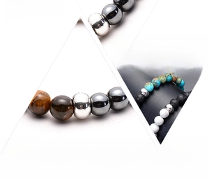 Detail of 8mm handmade beads featuring tiger eye, hematite, turquoise, and lava stones