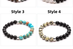 Detailed catalog view of 8mm beaded lava rock and tiger eye stretch bracelets, styles 3 and 4