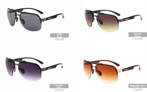 Detail view of four stylish pilot sunglasses colors with metal cutout temple design