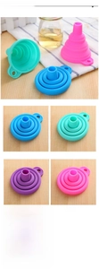Collapsible silicone kitchen funnels in five colors including blue, pink, and purple