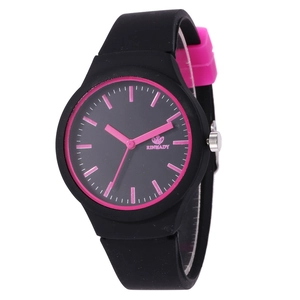 Fashionable black and pink silicone quartz watch with sporty minimalist round dial