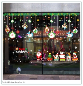 Detailed Santa Claus train Christmas window stickers with snowmen and reindeer on glass door