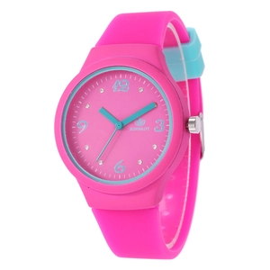 Pink silicone fashion watch with blue accents and contrasting dial for students