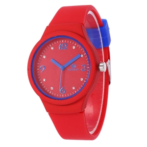 Vibrant red and blue contrast sports quartz watch with silicone strap and rhinestone markers