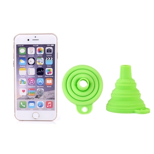 Collapsible green silicone kitchen funnel in folded and unfolded states on white background