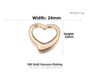 Detailed view of 18K gold plated hollow heart pendant with 24mm x 23mm size specs