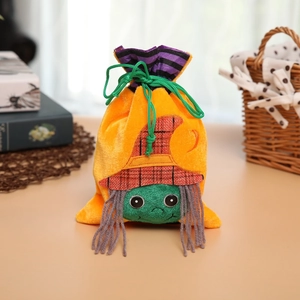 Halloween pumpkin drawstring candy bag with wizard hat for kids trick or treating decor