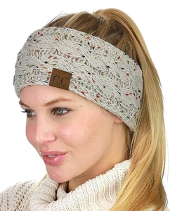 Close-up of knit headband featuring colorful confetti yarn and a C.C leather patch