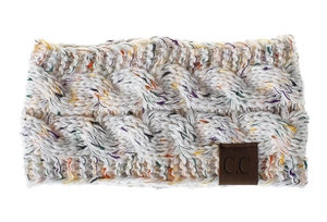 Close-up of beige confetti cable knit headband with brown leather C.C logo patch