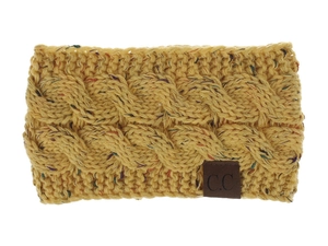 Close-up of yellow chunky knit headband with colorful flecks and brown C.C leather patch