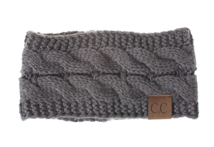 Close-up of grey cable-knit winter headband with detailed texture and brown C.C label