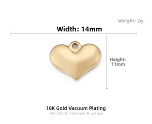 Detail of 14x11mm 18K gold plated heart pendant charm with technical size annotations