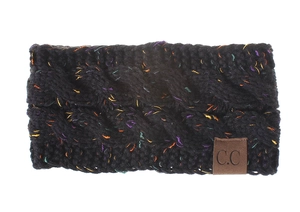 Detail of cable knit headband with colorful flecks and brown leather C.C brand label