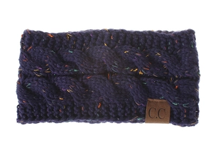 Detailed view of dark purple cable knit headband with colorful flecks and CC leather tag