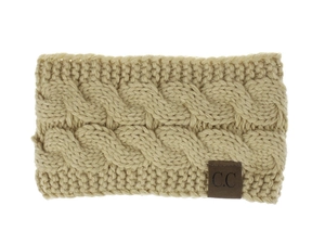 Detail view of beige cable knit headband featuring thick texture and C.C leather patch