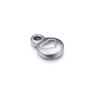 Polished silver stainless steel round pendant with a hollow heart shape design