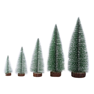 Set of 5 mini frosted Christmas pine trees with snow finish and wooden bases for decor