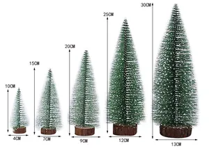 Size chart for mini flocked Christmas trees with snow effect ranging from 10cm to 30cm
