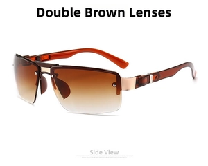 Side view of semi-rimless sunglasses with brown gradient lenses and amber resin temples