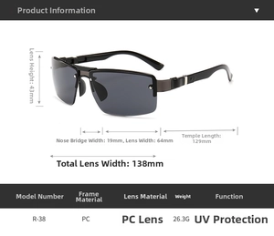 Detailed technical diagram of sport cycling sunglasses with precise lens measurements