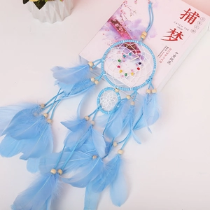 Detail of light blue double-ring dreamcatcher with colorful beads and soft feathers