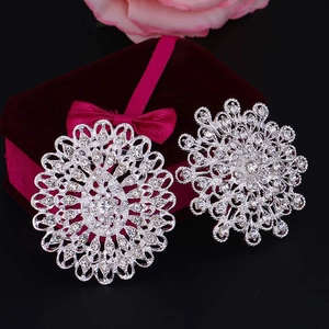 Detailed macro of silver alloy brooches with intricate rhinestone floral and oval patterns