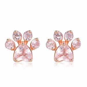 Cat Paw Stud Earrings Rose Gold Plated Copper With Pink Heart Zircon Cute Animal Footprint Jewelry For Women