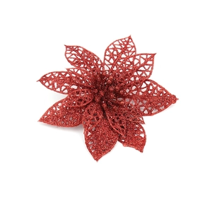 15cm red glitter artificial poinsettia flower for Christmas tree and DIY decoration