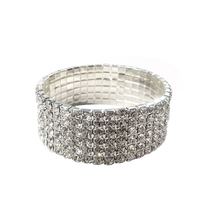 Elegant multi-layer elastic bracelet with five rows of sparkling rhinestones in silver finish