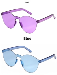 Detail view of purple and blue rimless irregular jelly sunglasses stacked vertically