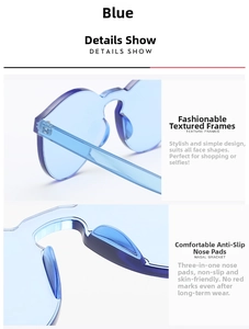 Macro detail of blue rimless sunglasses with seamless lens design and transparent temples