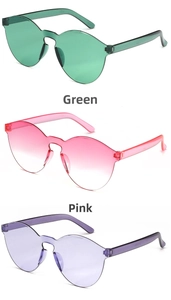 Close-up of frameless rimless sunglasses in green, pink, and purple gradient colors