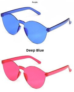 Detail view of purple and deep blue rimless one-piece transparent candy color sunglasses