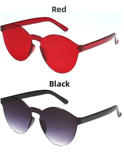 Detail shot of rimless one-piece sunglasses in vibrant red and gradient grey-purple hues