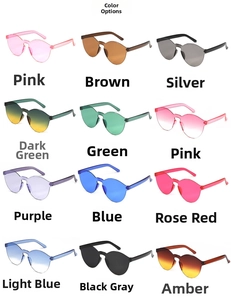 Grid view of 12 rimless sunglasses in various jelly colors and gradient mirror styles