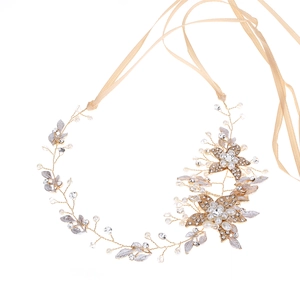 Elegant bridal hair vine with champagne gold wire pearls rhinestones and leaf details
