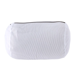 Cylindrical white mesh laundry bag for washing machines with fine texture protector