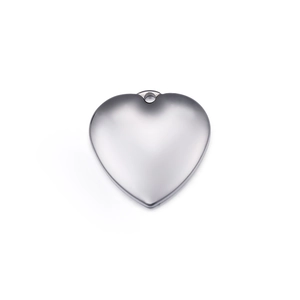 Polished silver heart-shaped stainless steel pendant with hanging loop on white background