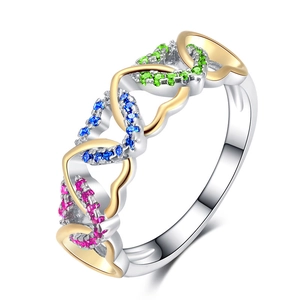 Fashion Intertwined Heart Rings Women Copper Two Tone Colorful Cubic Zirconia Inlaid Hollow Finger Band Romantic Jewelry