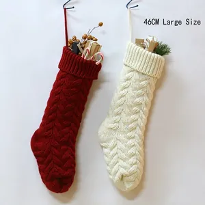 Set of 2 large 46CM knitted Christmas stockings in red and white cable knit patterns