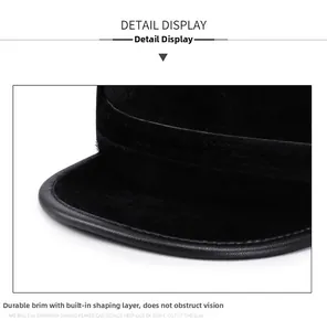 Close-up of black faux fur winter hat featuring a reinforced leather brim and sturdy edge