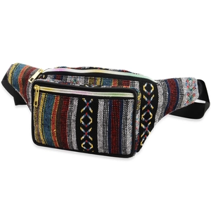 Close-up of bohemian woven waist bag featuring colorful patterns and durable zipper pockets