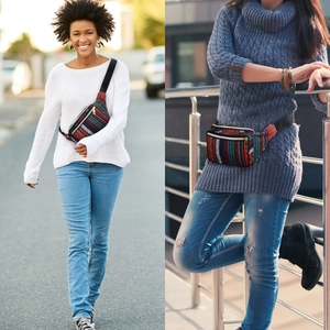 Women's bohemian waist bag with geometric patterns shown in crossbody and belt styles