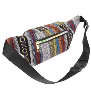 Detail of ethnic striped fanny pack featuring gold zipper and adjustable black strap