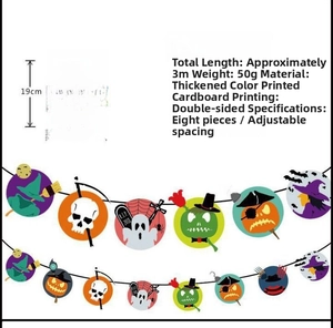 Detailed specs of Halloween banner with pumpkin and ghost motifs on 3m cardstock string