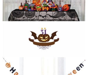 Macro shot of Halloween decor set featuring lace tablecloth and themed plush characters