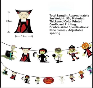 Detailed size specifications for Halloween vampire banner with 9 paper characters and dimensions